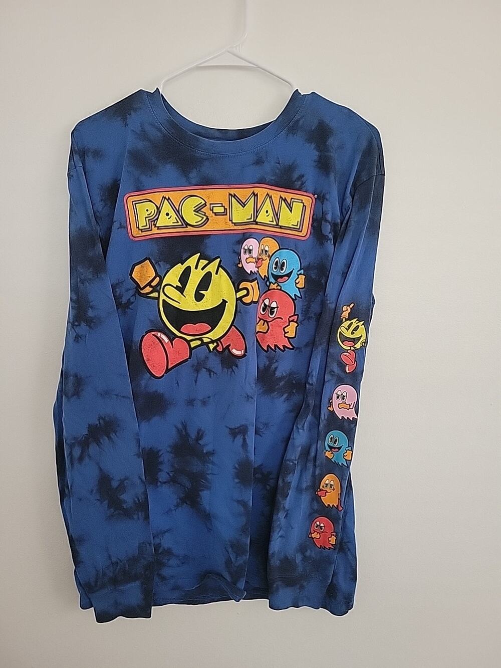 Pac Man Blue & Black Tie Dye Long Sleeve T-shirt Size L Pac-Man & Ghosts